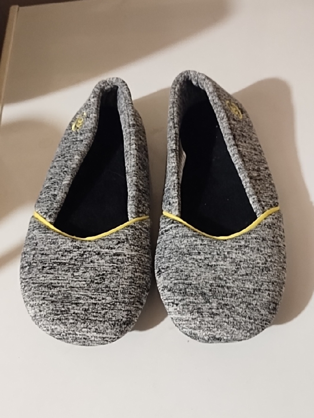 isotoner Gray Knit Kids Slippers with Yellow Trim